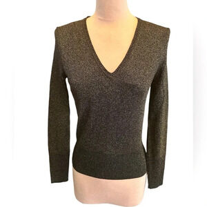 Neiman Marcus Brown Gold Metallic V Neck Sweater Quiet Luxury Size XS